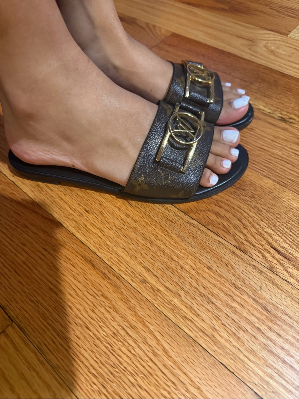 Louis Vuitton Brown Monogram Slide Sandals with Gold Hardware